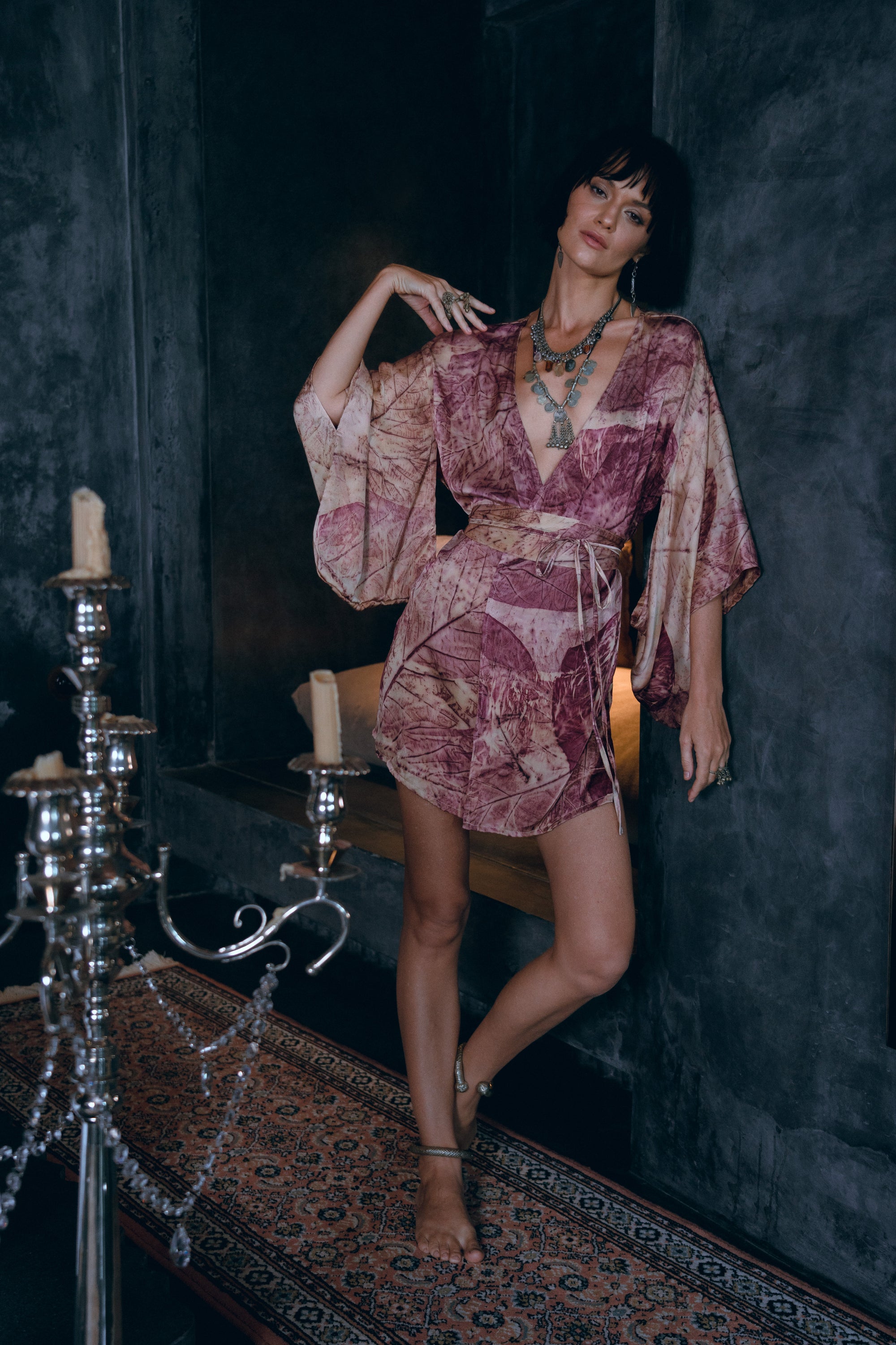 Wild Leaf Botanically Dyed Silk Kimono Mini