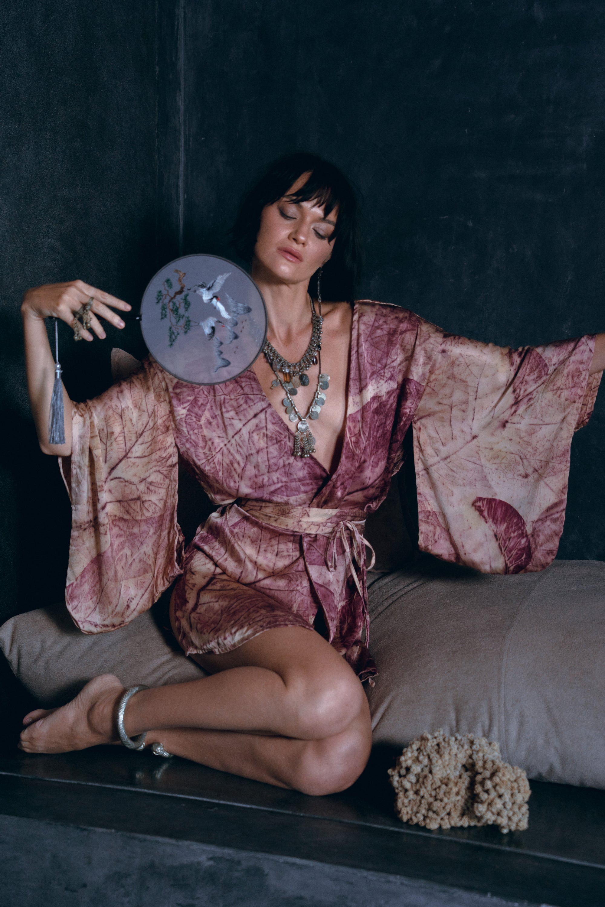 Wild Leaf Botanically Dyed Silk Kimono Mini